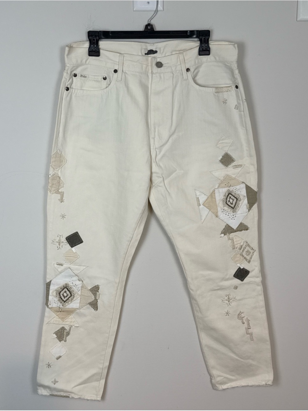 Polo Ralph Lauren Avery Boyfriend Y2K Cream Denim Patchwork Beaded Jeans 31 $298